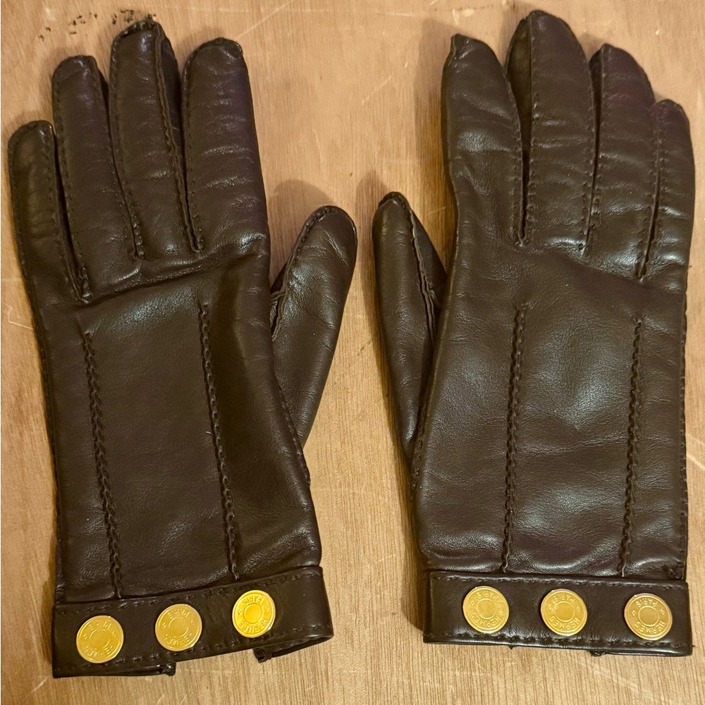 HERMES Authentic Lamb Leather Sellier Button Logo Gloves Sz 6.5 Small - Picture 7 of 9